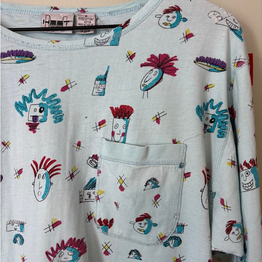 Vintage 80s Blue Robot Space Print 3/4 Sleeve Top Shirt M - Picture 2 of 8